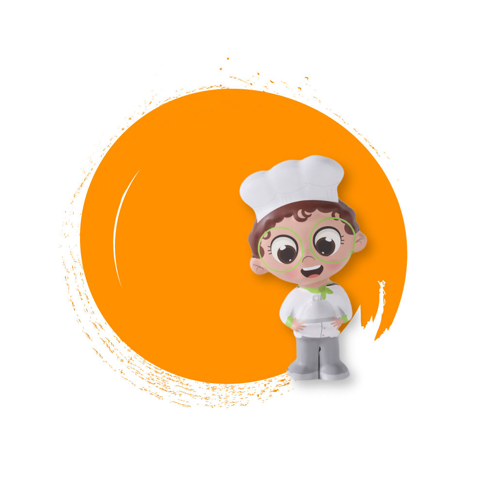 Illustration of Cam the Chef with an orange background