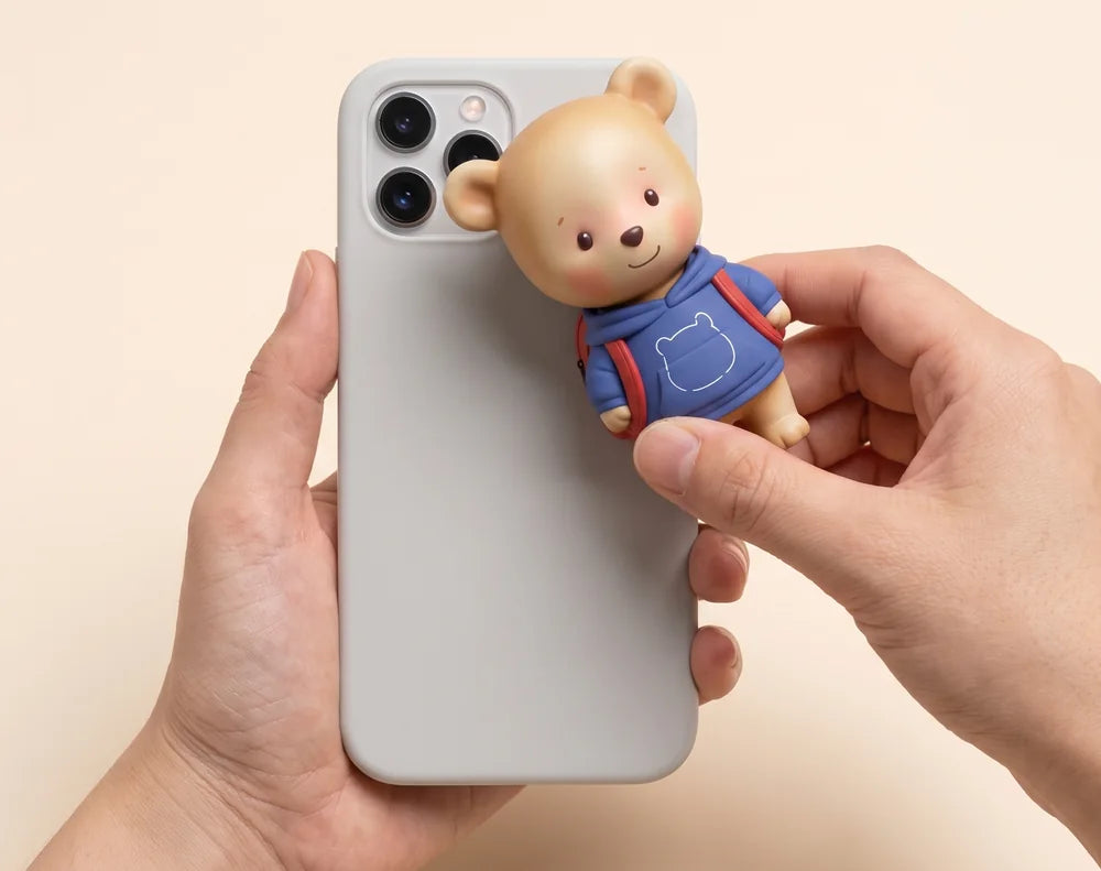 Hold the bear toy flat on the back of an iPhone near the camera