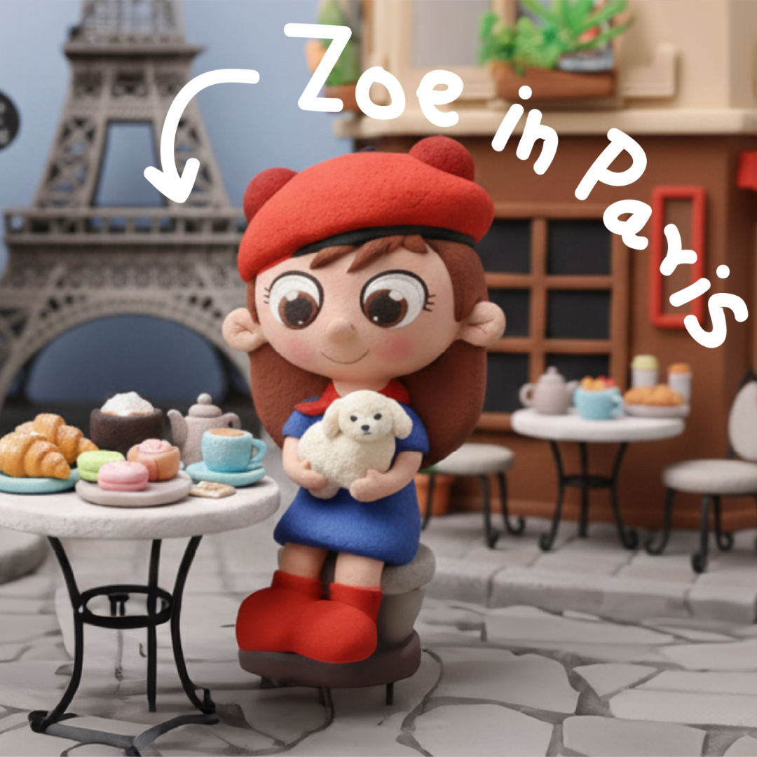 Zoe in Paris with a miniature Eiffel Tower and café setting.