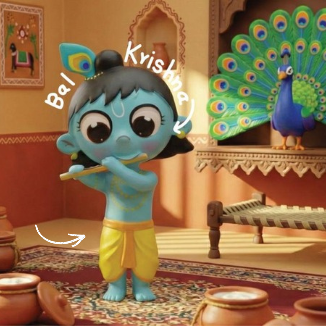 Bal Krishna playing the flute with a peacock in a traditional setting