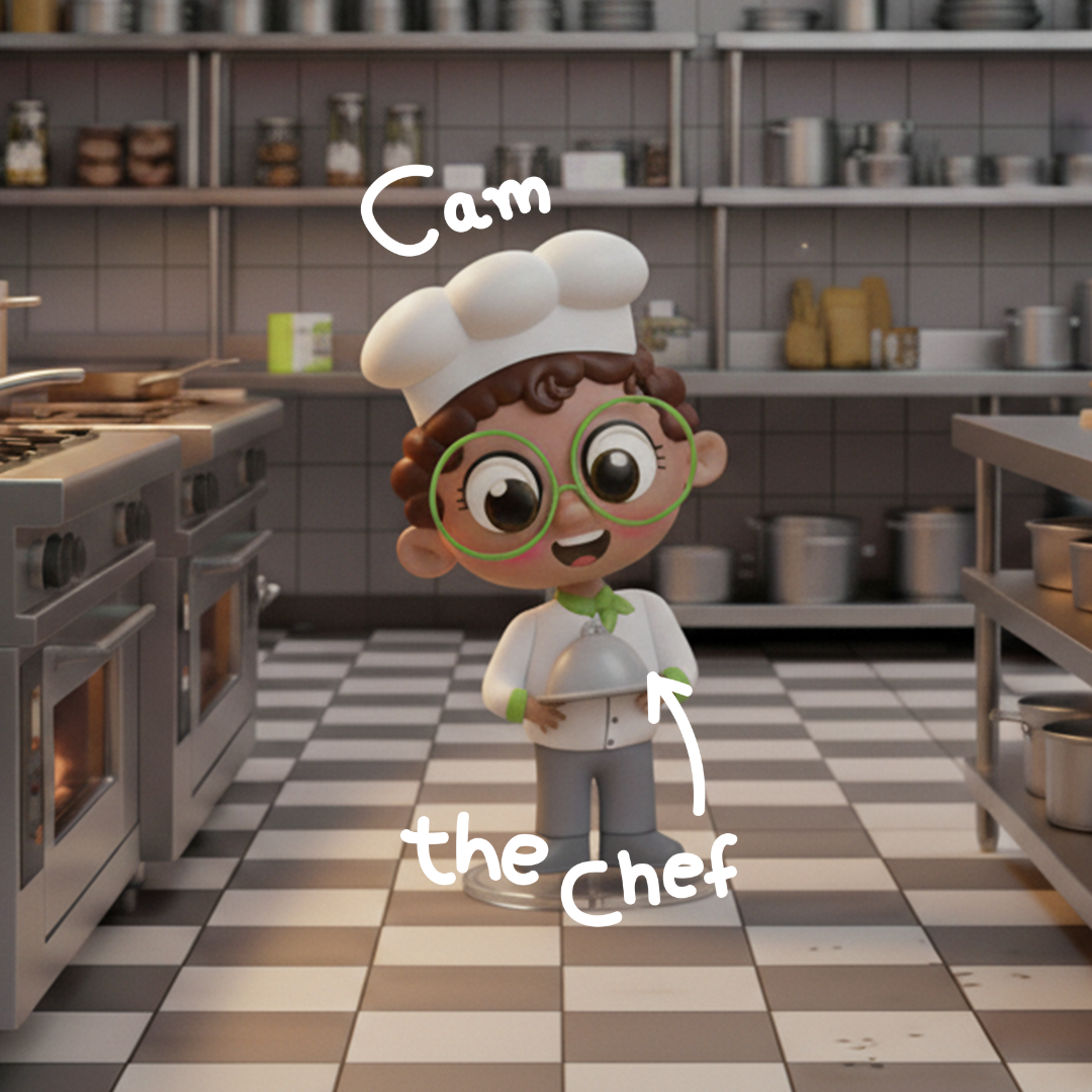 Cam the Chef in the kitchen with a dish in hand