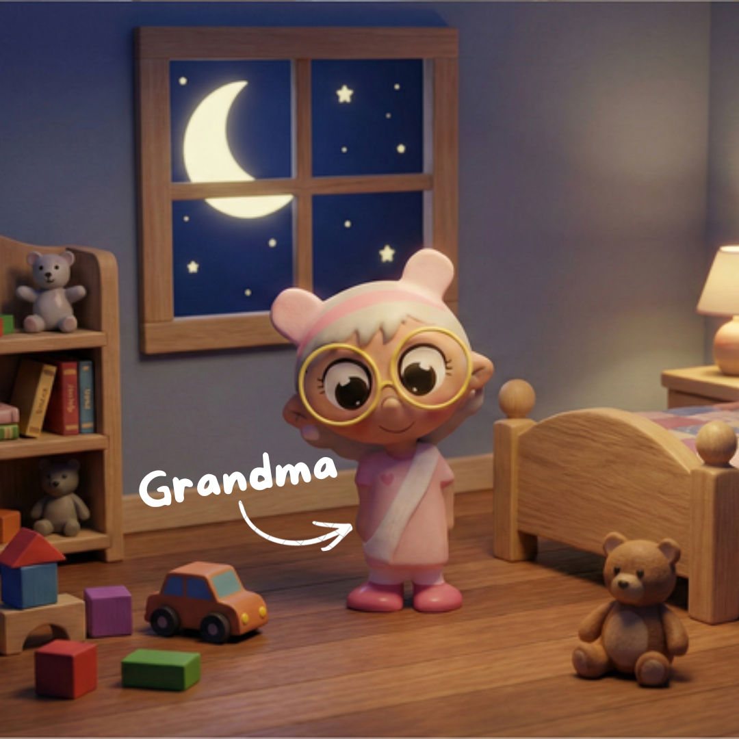 Grandma in a child's bedroom with toys and furniture.