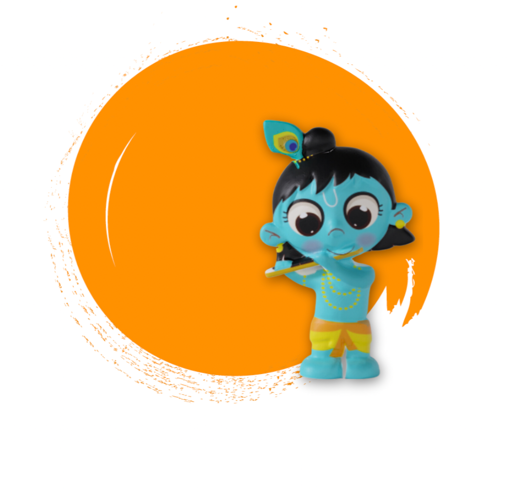 A colorful illustration of Lord Krishna figurine against an orange background.