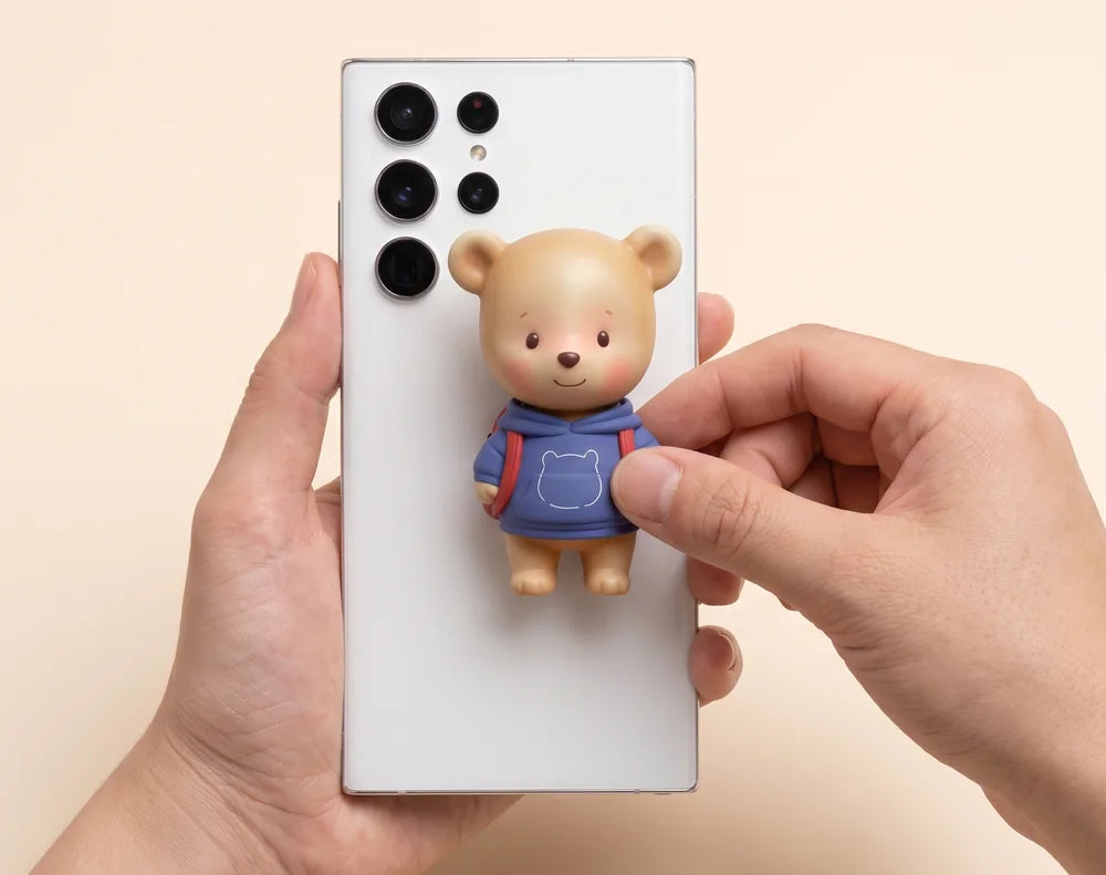 Hold the bear toy flat on the back of an Android phone around the middle