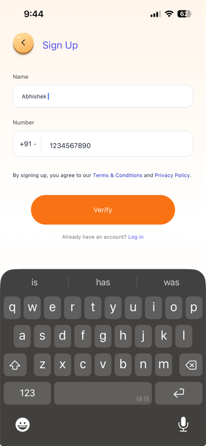 Sign-up screen asking for the parent's name and mobile number